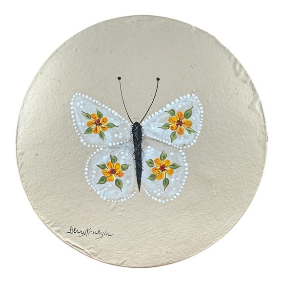 Hand painted butterfly w/ flowers signed art paper hat nesting box cottage BOHO - Picture 1 of 6